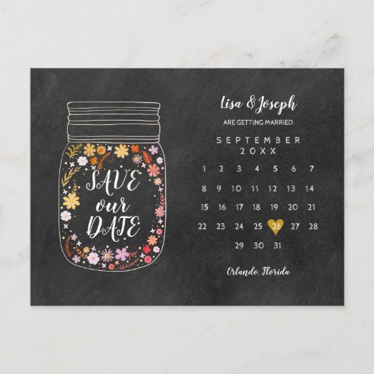 Sparen de Datum van de Kalender het Hart Mason Jar Briefkaart (Voorkant)
