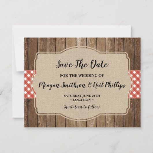 Sparen de Datum van de Vertrouwenkaart Red Gingham Save The Date (Voorkant)