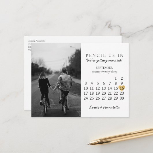 Sparen de Datum van het Begin van het KalenderGoud Briefkaart (Voorkant / Achterkant in situ)