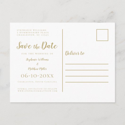 Sparen de Datum van het Bieden Goud & Witte Eenvou Aankondigingskaart (Achterkant)