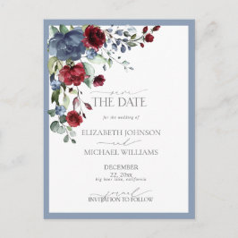 Sparen de Datum van het Blauwe Bogundy Weddenschap Aankondigingskaart