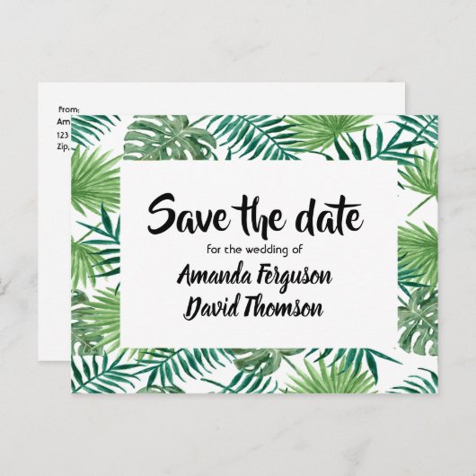 Sparen de datum van het briefkaart groene palmboom (Voorkant / Achterkant)