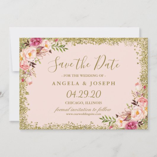 Sparen de Datum van het Duw Roze Glitters Floral Save The Date (Voorkant)