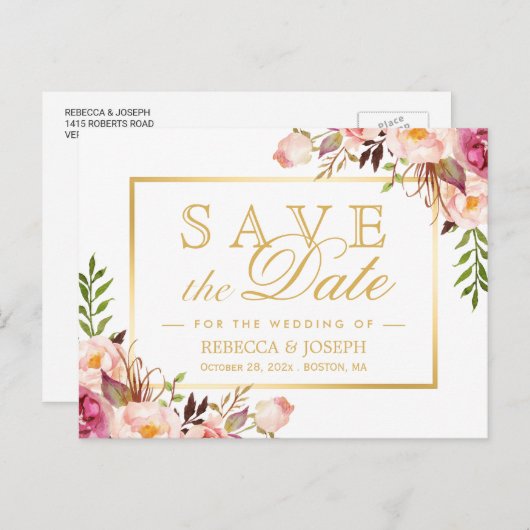 Sparen de Datum van het Elegant Roze Lijst van Flo Briefkaart (Voorkant / Achterkant)