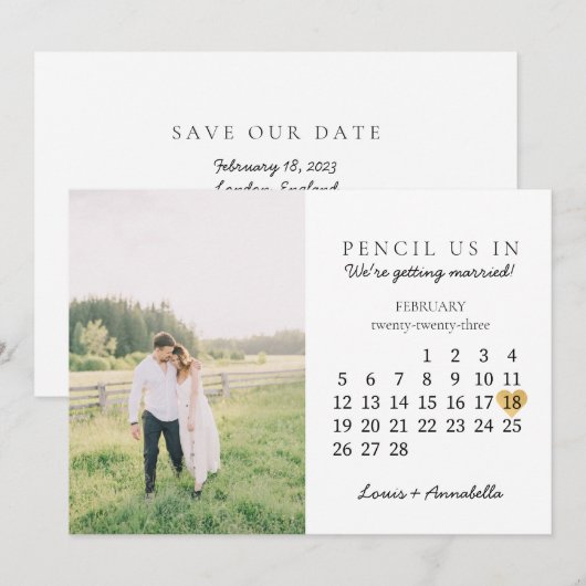 Sparen de Datum van het Goud van de Kalender Febru Kaart (Voorkant / Achterkant)