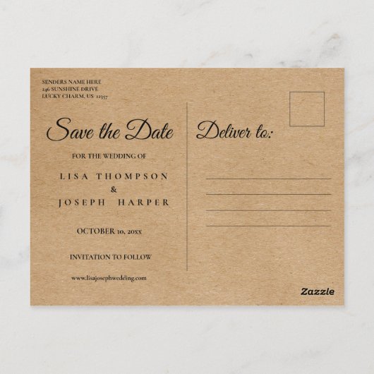 Sparen de Datum van het Gouden Hart Rustic Kraft Briefkaart (Achterkant)
