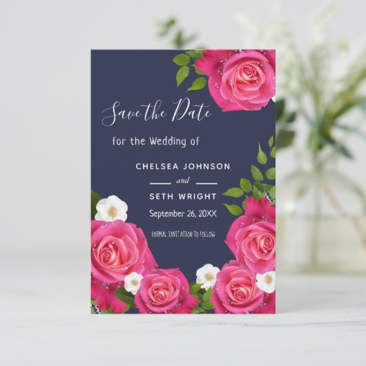 Sparen de Datum van Midnight Blauw & Roze Roses Save The Date (Staand voorkant)