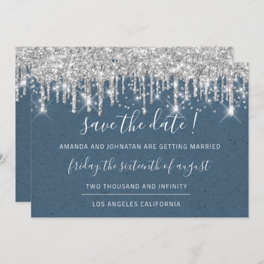 Sparen de Datum van Papier Kraft Grey Drip Blauw Save The Date (Voorkant / Achterkant)
