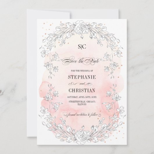 Sparen de Datum.Verketched Floral Beluisterde Wuwe Kaart (Voorkant)