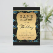 Sparen de Datum Victoriaans Blauwe Klitter Floral Save The Date (Staand voorkant)