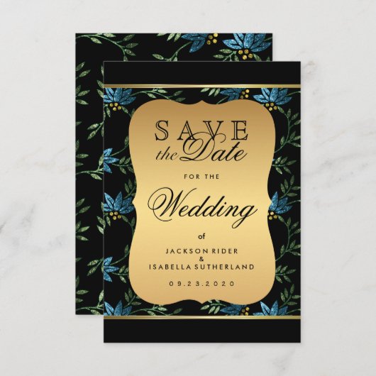 Sparen de Datum Victoriaans Blauwe Klitter Floral Save The Date (Voorkant / Achterkant)