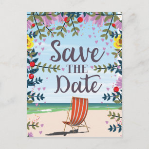 Sparen de Datum  Vintage Beach en Deckstoel Briefkaart