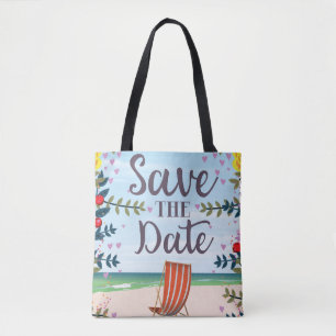 Sparen de Datum  Vintage Beach en Deckstoel Tote Bag