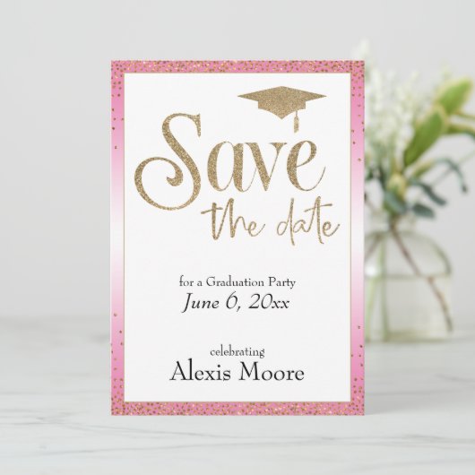 Sparen de Datum voor een Gouden & Roze van de Part Kaart (Staand voorkant)