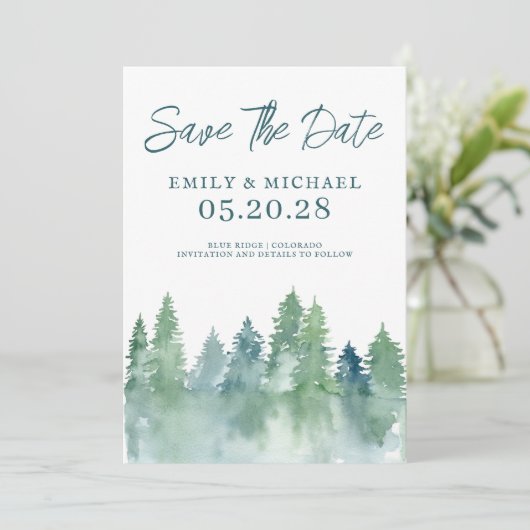 Sparen de Datum Waterverf Bosbomen Woodland Save The Date (Staand voorkant)