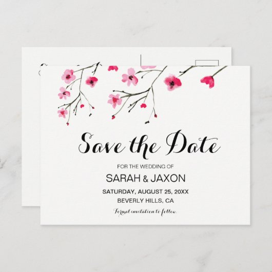 Sparen de Datum Waterverf Cherry bloesems Aankondigingskaart (Voorkant / Achterkant)