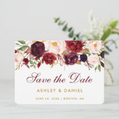 Sparen de Datum Waterverf Floral Burgundy Gold B Save The Date (Staand voorkant)