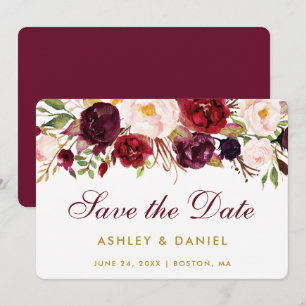 Sparen de Datum Waterverf Floral Burgundy Gold BB Save The Date