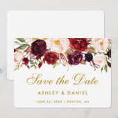 Sparen de Datum Waterverf Floral Burgundy Gold Save The Date (Voorkant / Achterkant)