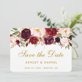 Sparen de Datum Waterverf Floral Burgundy Gold Save The Date (Staand voorkant)