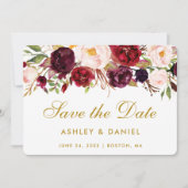 Sparen de Datum Waterverf Floral Burgundy Gold Save The Date (Voorkant)