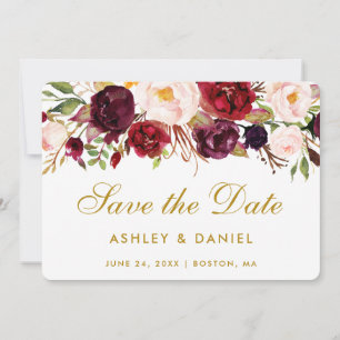 Sparen de Datum Waterverf Floral Burgundy Gold Save The Date