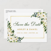 Sparen de Datum Waterverf Floral Groen Goud Aankondigingskaart (Voorkant / Achterkant)