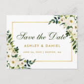 Sparen de Datum Waterverf Floral Groen Goud Aankondigingskaart (Voorkant)