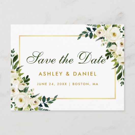 Sparen de Datum Waterverf Floral Groen Goud Aankondigingskaart (Voorkant)