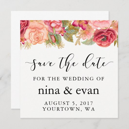 Sparen de Datum Waterverf Floral Lijst Roze goud Save The Date (Voorkant / Achterkant)