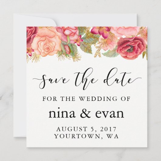 Sparen de Datum Waterverf Floral Lijst Roze goud Save The Date (Voorkant)