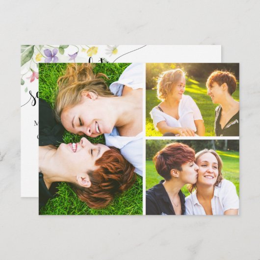 Sparen de Datum Waterverf Wildbloemen 3-Foto Briefkaart (Voorkant / Achterkant)