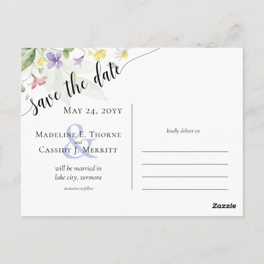 Sparen de Datum Waterverf Wildbloemen 3-Foto Briefkaart (Achterkant)