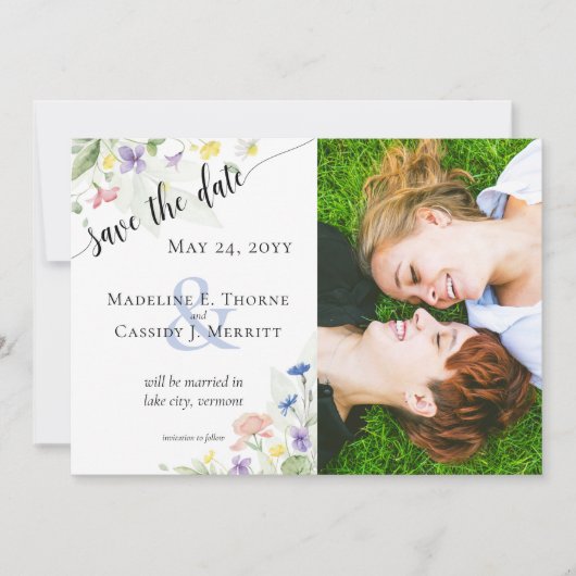 Sparen de Datum Waterverf Wildbloemen 4-Foto Kaart (Voorkant)