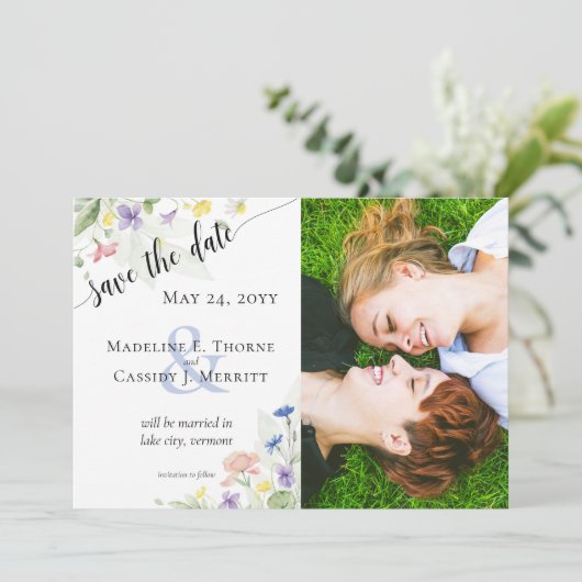 Sparen de Datum Waterverf Wildbloemen 4-Foto Kaart (Staand voorkant)