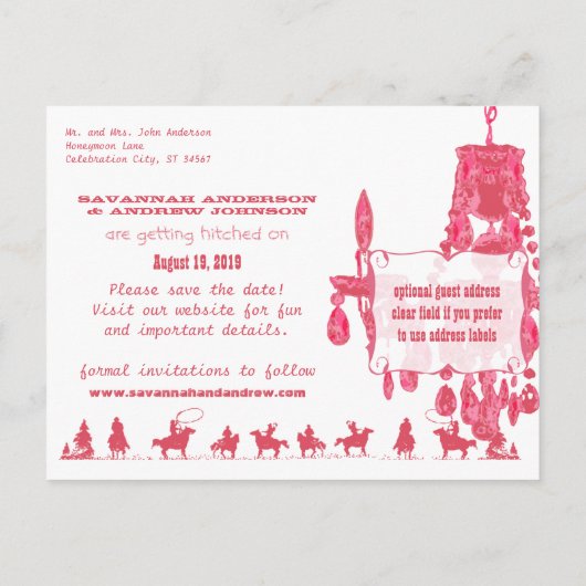 Sparen de Datum Westerne Roze Cowboy Pet Chandelie Aankondigingskaart (Achterkant)