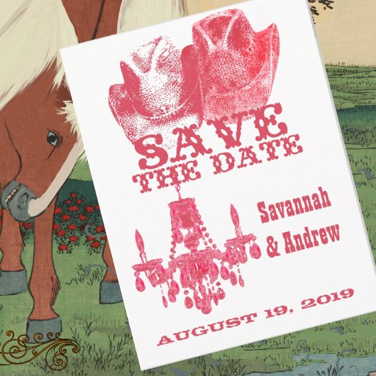 Sparen de Datum Westerne Roze Cowboy Pet Chandelie Aankondigingskaart