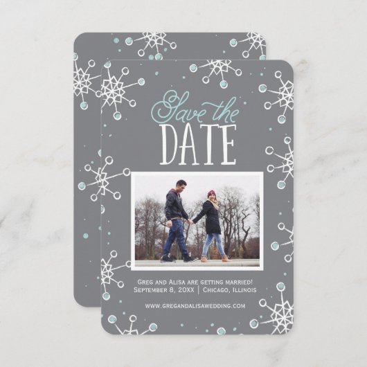 Sparen de Datum Winter Snowflake Weddin Blue Grey Save The Date (Voorkant / Achterkant)