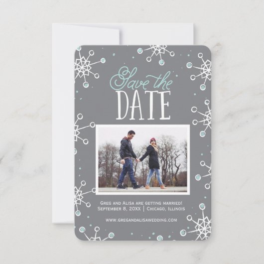 Sparen de Datum Winter Snowflake Weddin Blue Grey Save The Date (Voorkant)