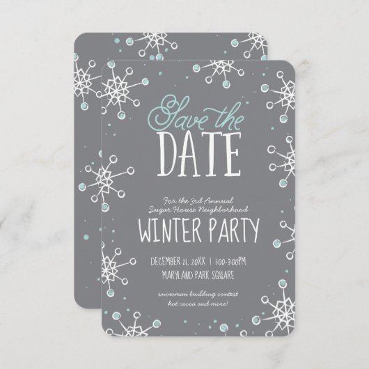 Sparen de Datum Wintersnowflake Partij Blauwe Grij Save The Date (Voorkant / Achterkant)