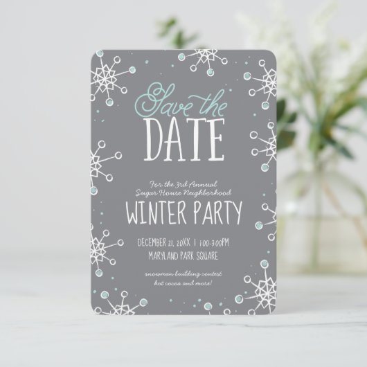 Sparen de Datum Wintersnowflake Partij Blauwe Grij Save The Date (Staand voorkant)