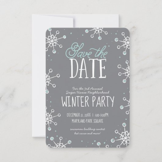 Sparen de Datum Wintersnowflake Partij Blauwe Grij Save The Date (Voorkant)