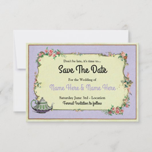 Sparen de Datum Wonderland Paarse Teapot Tea Save The Date (Voorkant)