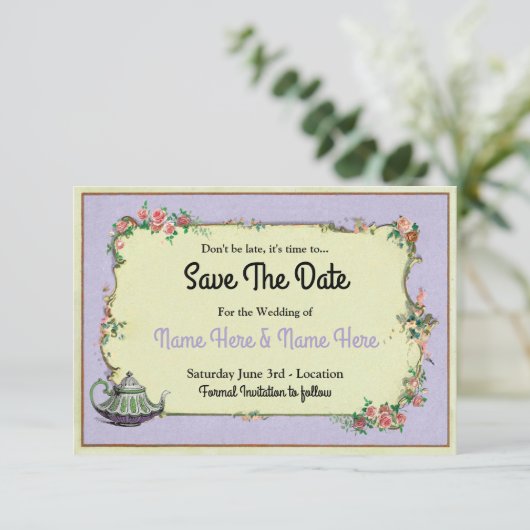 Sparen de Datum Wonderland Paarse Teapot Tea Save The Date (Staand voorkant)