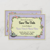 Sparen de Datum Wonderland Paarse Teapot Tea Save The Date (Voorkant / Achterkant)
