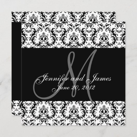 Sparen de Datum Zwart Damask Monogram Save The Date (Voorkant / Achterkant)