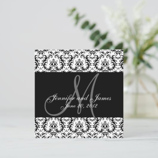 Sparen de Datum Zwart Damask Monogram Save The Date (Staand voorkant)
