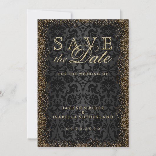 Sparen de Datum Zwarte Damask en de Glitt van de G Save The Date (Voorkant)