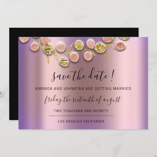 Sparen de Datum Zwarte Grote Roos Gold Paars Save The Date (Voorkant / Achterkant)