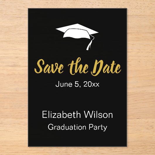 Sparen de Datum Zwarte Witte Goud GraduPartij Acryl Uitnodigingen (Voorkant)